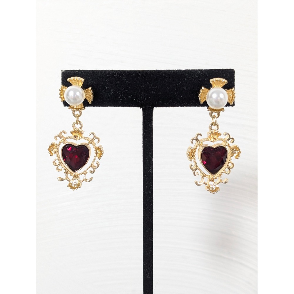 Gold Tone Red Heart Rhinestone Faux‎ Pearl Dangle Earrings Romantic Baroque